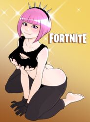 1girls ass barefoot big_breasts biting_lip black_gloves blush cleavage fortnite fortnite:_battle_royale gloves looking_at_viewer pantyhose pink_hair power_chord purple_eyes ripped_clothing rodjim solo sparkles spikes spread_legs tagme