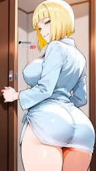 1girls ai_generated bathrobe big_breasts blonde_hair blue_eyes blunt_bangs blush bob_cut breasts breasts_bigger_than_head busty cleavage clothed_female cowboy_shot female female_only from_behind hi_res huge_breasts indoors inviting_to_sex kunoichi large_breasts large_hips light-skinned_female light_skin looking_away mature mature_female milf mommy naruto naruto_shippuden ninja nipples nipples_visible_through_clothing no_bra no_bra_under_clothes oppai samui sash seducing short_hair standing voluptuous voluptuous_female watermark wide_hips yellow_hair