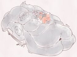anthro ass belly belly_folds big_belly big_butt blobby breaking_bed canid canine duo fan_character feeding felid feline fox hi_res huge_belly huge_butt hyper hyper_belly hyper_butt hyper_moobs immobile kapi_(paperkitty) male mammal morbidly_obese obese overweight wiishyishii