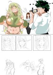 1boy 2girls aged_up big_breasts breasts brown_hair busty comic comic_page comic_panel curvy female green_hair hero_outfit_(mha) izuku_midoriya jealous jealous_female male my_hero_academia ochako_uraraka office_clothing rantyarts taking_picture tooru_hagakure tooru_hagakure_(post-timeskip) tooru_hagakure_(visible)