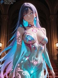 1girls absurd_res ai_generated big_breasts bigz_ai black_hair blue_body blue_hair blue_skin bodysuit breasts completely_nude curvy curvy_figure dryad female female_only flower glowing glowing_eyes glowing_nipples highres large_breasts light-skinned_female light_skin long_hair multicolored_hair naked night nipples nude nude_female original_character pussy tattoo tattoo_on_chest tattoos temple transparent_clothing vagina