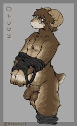 animal_genitalia animal_penis anthro body_hair bovid brown_body brown_fur caprine chest_hair clothing equine_genitalia equine_penis flaccid flat_colors fur genitals hi_res male mammal otoos penis pubes sheep shirt slightly_chubby smile smiling_at_viewer solo standing taking_off_pants taking_off_shirt tank_top topwear