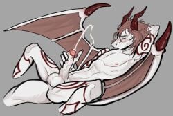 18razzorzz abaddon_(abaddonkadonk) anthro bodily_fluids cum dragon erection genital_fluids genitals hair humanoid_genitalia humanoid_penis male masturbation mythological_creature mythological_scalie mythology penis red_hair scalie solo vein veiny_penis white_body