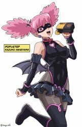 1girls bare_shoulders black_suit bodysuit bowtie breast clothing curvy dancing eye_closed face_mask female from_above haneyama_kazuho happy heart heart_symbol high_boots legwear light-skinned_female light_skin looking_at_viewer mayu_sketch microphone my_hero_academia my_hero_academia:_vigilantes one_eye_closed open_mouth pink_eyes pink_hair pop_step singing skirt sleeves smile smile_at_viewer solo solo_female solo_focus suit thick_thighs tight_clothing vigilante:_my_hero_academia_illegals wings