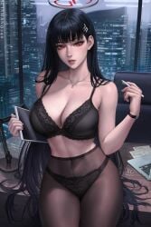 black_bra black_hair black_panties black_pantyhose blue_archive blunt_bangs bra breasts cg cleavage collarbone covered_navel female hair_ornament hairclip halo high-waist_pantyhose holding holding_pen holding_tablet_pc indoors jewelry lace-trimmed_bra lamp large_breasts long_hair looking_at_viewer necklace night panties panties_under_pantyhose pantyhose parted_lips pen red_eyes rio_(blue_archive) sciamano240 sitting solo tablet_pc underwear very_long_hair watch wristwatch