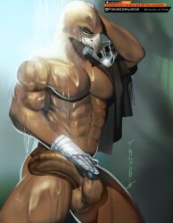 abs accipitrid accipitriform anthro armor avian balls bath bathing biceps bird closed_eyes eagle elden_ring_nightreign erection feathers flaccid franubis fromsoftware fur genitals guardian_(nightreign) hi_res humanoid_genitalia humanoid_penis hyper male muscular muscular_male muscular_thighs nude pecs penis serratus shower solo triceps water waterfall wet