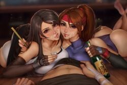 1boy 2girls alcohol ass bandages bare_shoulders barefoot black_hair black_skirt blurry blush bottle breast_press breasts brown_eyes brown_hair cg clothes_lift collarbone cum cup drunk earrings elbow_gloves facial ffm_threesome final_fantasy fingerless_gloves gloves group_sex hand_on_another's_ass headband holding jessie_rasberry jewelry kittew large_breasts leotard lips long_hair looking_at_viewer lying multiple_girls navel nose on_stomach panties ponytail pov red_eyes red_headband sake_bottle skirt straight tank_top thighhighs threesome tifa_lockhart tongue tongue_out underwear