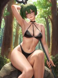 arm_behind_head arm_up armpits artist_name bare_shoulders bikini black_bikini breasts cg choker cleavage collarbone day female female_only forest green_hair hair_between_eyes holding holding_polearm holding_weapon lips long_hair looking_at_viewer medium_breasts nature navel o-ring o-ring_bikini outdoors polearm purple_eyes revealing_clothes rock sciamano240 side_ponytail signature sitting smile solo sousou_no_frieren spear stomach swimsuit thighs tree ubel_(sousou_no_frieren) weapon