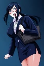 1girls ai_generated ame_arare ass bag beautiful big_ass big_breasts big_butt blue_eyes blue_hair blush breast breasts clothing curvy curvy_figure dress eyebrows eyelashes female female_only glasses hair_up hard_nipples huge_breasts legwear light-skinned_female light_skin long_hair looking_at_viewer mature_female nipples nipples_visible_through_clothing open_mouth pantyhose red_glasses skirt solo standing suit surprised_expression takamine_ayako teacher thick_thighs tight_clothing tight_dress toshoshitsu_no_kanojo_seiso_na_kimi_ga_ochiru_made uniform very_long_hair without_knowing