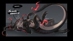 alien animal_genitalia anthro anus begging black_background black_body blush bodily_fluids breath breeding_request desperation digitigrade dripping forked_tongue genital_fluids genital_slit genitals grey_background grey_body hi_res in_heat leaking_precum lightnymfa lying male nude_anthro nude_male on_back panting penis pent_up precum precum_drip precum_on_penis presenting red_body red_eyes simple_background solo submissive submissive_anthro submissive_male tan_body tapering_penis tendrils tentacle teratophilia tongue tongue_out