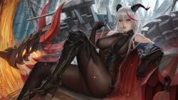 aegir_(azur_lane) armored_boots artist_name azur_lane bare_shoulders black_cape black_footwear black_gloves bodystocking boots breast_curtains breasts cape cg chains cross cross-laced_clothes cross_earrings demon_horns earrings elbow_gloves female gloves hair_between_eyes hair_on_horn high_heel_boots high_heels holding horns iron_cross jewelry knee_boots large_breasts long_hair looking_at_viewer multicolored_hair non-humanoid_robot red_hair rigging robot sciamano240 sitting solo streaked_hair thighs turret two-tone_hair underbust white_hair yellow_eyes