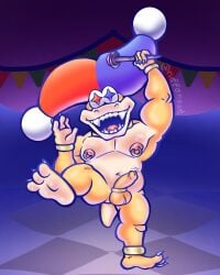 accessory anthro balls belly blush claws clothing cock_ring digital_media_(artwork) feet fool's_hat foreskin genitals hat headgear headwear hi_res humanoid_genitalia humanoid_penis jewelry koopa koopa_troopa looking_at_viewer male male_only mario_bros motley_bossblob multicolored_body nintendo nipple_outline nipples nude open_mouth open_smile penis penis_accessory penis_jewelry piercing ring ring_(jewelry) ring_piercing rings_on_legs rings_on_wrists ruffonaut scalie short_male short_stack simple_background smile solo solo_male spread_legs spreading super_mario_3d_world tail thick_thighs toe_claws tongue wand