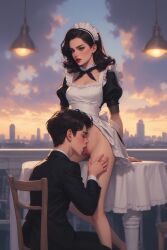 1boy 1girls 2:3 ai_generated artist_request character_request cunnilingus dress_lift female licking_pussy maid male no_panties oral oral_sex public_sex pussy source_request tagme