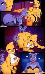 2girls absurd_res anal anthro ass avian beak belly bird blonde_hair bodily_fluids bonnie_(fnaf) breasts butt_grab chair chica_(fnaf) chicken clitoris close-up clothing cunnilingus duo female female/female five_nights_at_freddy's freddy_fuckbear's_cathouse_(kevwrite) furniture galliform gallus_(genus) genital_fluids genitals gradient_background hair hand_on_butt hi_res kevwrite lagomorph legwear leporid licking mammal on_chair oral phasianid pink_eyes purple_body pussy rabbit rimming rule_63 scottgames sex simple_background sitting sitting_on_chair slightly_chubby sound_effects speech_bubble text text_on_clothing text_on_topwear tongue topwear vaginal_fluids vaginal_penetration yellow_body yuri