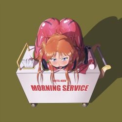 2d ass ass_up asuka_langley blue_hair blush bodysuit bondage bound box breasts brown_eyes condom condom_wrapper female female_focus in_box in_container mecha_pilot_suit medium_breasts neon_genesis_evangelion plugsuit_(evangelion) public_use red_eyes reptileye restrained service_station short_hair skin_tight solo stuck tissue tissue_box