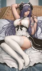 apron arm_behind_head arm_up artist_name august_von_parseval_(azur_lane) august_von_parseval_(the_conquered_unhulde)_(azur_lane) azur_lane between_breasts black_bow breasts cg clothing_cutout curled_horns dated dress feet female full_body garter_straps hair_over_one_eye horns large_breasts legs lips long_hair looking_at_viewer lying maid maid_headdress mechanical_horns no_shoes official_alternate_costume on_back one_eye_covered purple_eyes purple_hair sciamano240 signature solo strap_between_breasts thighhighs thighs toes very_long_hair white_garter_straps white_thighhighs