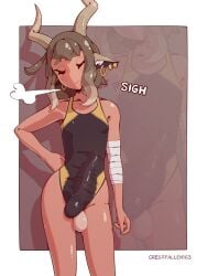 1futa artist_name balls_out brown_hair bulge bulge_through_clothing cel_shading closed_eyes crestfallen163 earrings futanari gauze hi_res horn original original_character swimsuit tagme tan_body tanline white_border
