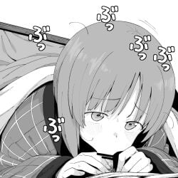1boy bar_censor blush censored commentary_request fellatio female girls_und_panzer greyscale henyaan_(oreizm) highres kotatsu male male_pubic_hair monochrome nishizumi_miho oral penis pubic_hair schoolgirl short_hair simple_background solo_focus straight table under_kotatsu under_the_table white_background