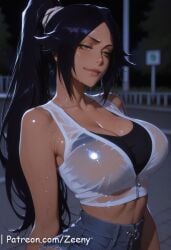 absurd_res ai_generated areolae ass big_ass big_breast big_breasts black_bra blush breasts dark-skinned_female dark_skin feet feet_focus feet_out_of_frame feet_up female female female_on_cloth looking_at_viewer pov pov_feet purple_hair purple_toenails shihouin_yoruichi soles solo solo_female solo_focus standing text toenail_polish toes yellow_eyes zeeny