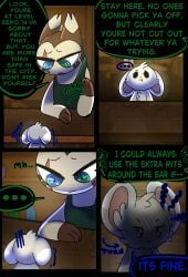 absurd_res apron apron_only bar blind_eye cappucinno_(halfpricesouls) clothing comic detailed_background eye_scar facial_scar furret generation_2_pokemon halfpricesouls hi_res male male/male multiple_images nintendo pokemon pokemon_(species) scar scared tavern