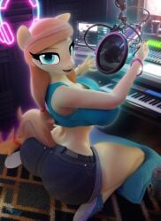 1girls 3d 3d_(artwork) anthro ass big_ass big_breasts blue_eyes bottom_heavy breasts brown_hair brown_tail bubble_butt clothing cream_heart_(mlp) crop_top equine fat_ass female female_only friendship_is_magic furry furry_only hooves-art huge_ass indoors kneeling large_ass looking_at_viewer looking_back microphone milf mother my_little_pony on_knees piano png shoes shorts tail thick_ass thick_thighs wide_hips