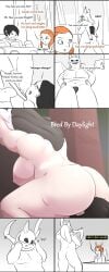 anna_(dead_by_daylight) ass ass_focus breasts breasts_out bred_by_daylight carrying comic dead_by_daylight demonettem dialogue dwight_fairfield facesitting femdom naked_female nude nude_female smothering smothering_ass text the_huntress_(dead_by_daylight)