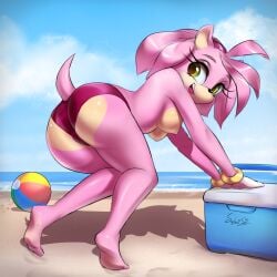 1:1 2d accessory amy_rose anthro ass ball barefoot beach beach_ball big_butt black_nose blue_sky bracelet breasts butt_heart clothed clothing cloud detailed_background digital_drawing_(artwork) digital_media_(artwork) eulipotyphlan feet female female_anthro gloves green_eyes hair hair_accessory hairband handwear headband headgear headwear hedgehog hi_res ice_box inflatable jewelry looking_back mammal nipples open_mouth outside panties pink_body pink_hair pose purple_clothing purple_panties purple_underwear salacisil sand seaside sega shaded signature sky smile solo sonic_(series) sonic_the_hedgehog_(series) swimwear tail thick_thighs topless topless_anthro underwear water