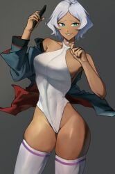 absurdres blue_eyes breasts candy commentary_request contrapposto controller dark-skinned_female dark_skin female food grey_background gundam gundam_suisei_no_majo halterneck highleg highleg_leotard highres holding holding_candy holding_food holding_lollipop holding_remote_control jacket large_breasts leotard linea_alba lollipop madoro_q off_shoulder open_clothes open_jacket parted_bangs remote_control secelia_dote short_hair sideboob solo standing thick_thighs thighhighs thighs white_hair white_leotard white_thighhighs