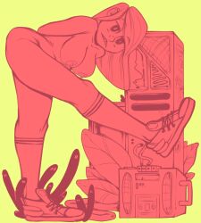 1girls absurd_res bottomless breasts digital_media female female_only footwear footwear_only hanging_breasts highres naked nude shoes simple_background socks tinsay_(artist) topless yellow_background