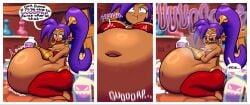 1girls 2025 3_panel_comic arm_on_belly belly belly_on_ground blackjackart bloated_belly blue_eyes bluesky_link blush bracers breasts burp burp_cloud burp_fetish burping comic earrings emanata english_text female genie genie_girl groan groaning_belly hair_ornament half_genie hand_on_belly holding_object hoop_earrings huge_belly inflation kneeling liquid_inflation long_hair milk milk_jug navel non-nude open_mouth pointy_ears ponytail purple_hair rumbling_stomach shantae shantae_(character) slosh sloshing_belly soft_shading solo sound_effects speech_bubble stomach_noises strained_expression stuffed_belly stuffing tanned tanned_female tanned_skin tiara