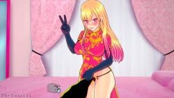 3d bed big_breasts camera china_dress embarrassed female gyaru kitagawa_marin koikatsu lingerie my_dress_up_darling peace_sign sono_bisque_doll_wa_koi_wo_suru theyuta123 yellow_hair