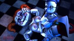 2girls 3d 3d_(artwork) ballora_(fnafsl) big_breasts breasts circus_baby circus_baby_(fnaf) closed_eyes five_nights_at_freddy's five_nights_at_freddy's:_sister_location joeshownsfw nipples pink_nipples purple_nipples robot robot_girl robot_humanoid scissoring twintails white_skin yuri