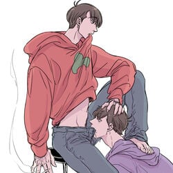 2boys barefoot brothers brown_hair cigarette cum cumdrip drooling fellatio hair hoodie iberiko_(iberiko-pig) incest looking_down male_only matsuno_ichimatsu matsuno_osomatsu messy_hair mouth_hold multiple_boys oral osomatsu-kun osomatsu-san saliva shirt_lift siblings simple_background smoke stool through_clothes white_background yaoi