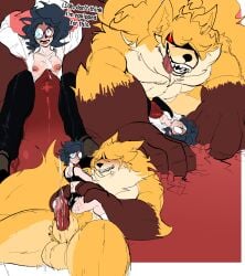 absurd_res animal_genitalia animal_penis anthro balls big_hands big_penis bodily_fluids breasts canid canine canine_genitalia canine_penis clothed clothed_sex clothing drooling duo excessive_genital_fluids excessive_precum female genital_fluids genitals gynomorph hi_res human intersex intersex/female knot larger_anthro mammal muscular muscular_anthro muscular_gynomorph muscular_intersex mythological_canine mythological_creature mythology penis precum saliva sex sharp_teeth size_difference small_breasts smaller_female smaller_human susieruu teeth thigh_sex tongue tongue_out torn_clothing trans_(lore) trans_woman_(lore) werecanid werecanine werecreature werewolf