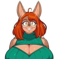 1girls artjwink breasts brown_fur cleavage cleavage_cutout clothing_cutout female furry furry_female furry_only gigantic_breasts glasses huge_breasts jwinkz looking_at_viewer orange_eyes round_glasses solo tagme