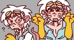 blush chibi_style confused_look dr._two_brains drooling goggles_on_head half_dressed labcoat mouse_ears mouse_tail open_mouth red_eyes submissive_male whiskers white_hair wordgirl