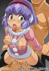 1boy ahe_gao areolae bent_over blush breasts breasts_out censored chicago-x clothed_female_nude_male cum danball_senki earmuffs female held_up kawamura_ami nipples penetration penis petite purple_hair pussy saliva sex short_hair solo_focus straight suspension sweat text thighhighs translation_request unaligned_breasts vaginal_penetration