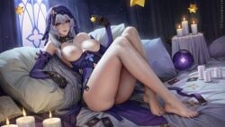 artist_name ass bare_legs bare_shoulders barefoot black_gloves black_swan_(honkai:_star_rail) book breasts breasts_out candle card censored cg condom condom_wrapper dress elbow_gloves feet female full_body gloves grey_hair hair_between_eyes holding honkai:_star_rail indoors knees_up large_breasts legs long_hair looking_at_viewer mosaic_censoring nail_polish nipples no_panties parted_lips patreon_username pillow purple_dress purple_eyes purple_gloves purple_hair pussy sciamano240 smile solo thighs toenail_polish toenails toes uncensored veil very_long_hair