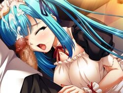 1boy bishop_(company) blue_hair breasts censored clothing cum female game_cg kagami_hirotaka long_hair maid mesu_kyoushi_4 open_mouth oral penis precum saliva straight takamine_miyu tied_hair tongue twintails