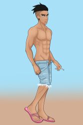 abs alternate_universe alternate_version artist_request bare_chest biceps big_feet brown_skin brown_skinned_male cigarette commando ear_piercing ear_tunnel flip_flops half-dressed half_naked half_nude jean_shorts light_blue_shorts looking_annoyed looking_at_viewer lowered_pants lowered_shorts male male_only nipples no_underwear open_pants original_character pale_palms pale_soles partially_undressed partly_nude pastel_colors pecs pink_footwear provocative public_indecency ripped_clothing ripped_pants sagging_pants shaved_sides shorts_only slicked_back_hair snakebite_piercing solo_male tanned tanned_skin toenails unbuttoned_shorts undercut walking