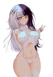 1girls adult adult_female arm_behind_back bare_belly bare_hands bare_hips bare_midriff bare_navel bare_shoulders bare_skin bare_thighs belly belly_button bewitching_thighs black_fingernails black_hair black_hair_female black_nail_polish black_nails blunt_bangs breasts busty busty_female busty_girl child_bearing_hips collarbone curvaceous curvaceous_body curvaceous_female curvaceous_figure curvaceous_hips curvy curvy_body curvy_female curvy_figure curvy_hips digital digital_art digital_drawing digital_drawing_(artwork) digital_media digital_media_(artwork) exposed_belly exposed_hips exposed_midriff exposed_navel exposed_shoulders exposed_skin exposed_thighs eyebrows_visible_through_hair female female_focus female_only fertile_hips fingernails fingers garter_straps groin hair_ornament hand_behind_back happy head_tilt high_resolution highres hololive hololive_english hololive_english_-advent- hourglass_figure large_breasts lean_figure long_hair looking_at_viewer mature mature_female midriff multicolored_hair nail_polish nails narrow_waist navel panties parted_lips peace_sign s7nsles shiori_novella shoulders sign simple_background sleeves slender_body slender_waist slim_waist smile smiley_face smiling smiling_at_viewer solo standing thick_thighs thighs thong tilted_head underwear upper_body v v_sign white_background white_garter_straps white_hair white_hair_female white_panties white_sleeves white_thong white_underwear wide_hips yellow_eyes yellow_eyes_female