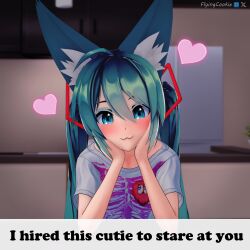 1girls 3d 3d_(artwork) animal_ears anime_style aqua_eyes aqua_hair blush cat_mouth cute female female_only flyingcookie fox_ears fox_girl happy hatsune_miku heart heart kemonomimi koikatsu looking_at_viewer sfw text touching_face touching_self twintails vocaloid watermark wholesome