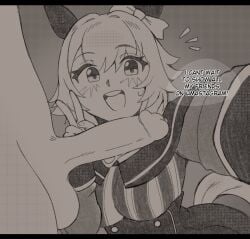 1boy 1girls 2d :d animal_ears balls bow clothed_female_nude_male commentary curren_chan_(umamusume) ear_bow ear_covers english_commentary english_text female greyscale highres horse_ears horse_girl horse_tail looking_at_viewer male nude oniiyanna peace_sign penis short_hair smile solo_focus speech_bubble tail testicles umamusume uncensored