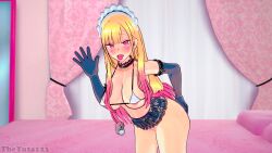 3d bed big_breasts breasts camera embarrassed female gyaru kitagawa_marin koikatsu maid_uniform micro_bikini my_dress_up_darling skirt sono_bisque_doll_wa_koi_wo_suru theyuta123 tongue_out yellow_hair