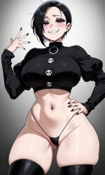 1girls ai_generated ass_visible_through_thighs big_breasts black_hair black_nails blush bottomless character_name crop_top curvy eyeshadow female front_view g-string goth goth_girl hand_on_hip mole mole_under_eye navel oc original panties pantsless piercing purple_eyes random_(umiko) rei_(umiko) sharp_teeth short_hair smiling_at_viewer tagme thick_thighs thighhighs tights wide_hips