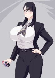 1girls absurdres alluring bakuage_sentai_boonboomger big_breasts black_hair blouse glasses grey_eyes highres necktie otokam1117 pants saibu_shirabe shirt solo super_sentai