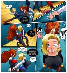 1futa 1girls android_18 android_21 arm_lock arms_behind_back balls big_ass big_breasts big_penis blonde_hair blue_eyes blush bottomless brown_hair bubble_butt clothed clothing comic dialogue dragon_ball dragon_ball_fighterz dragon_ball_z english_text erection female futa_on_female futanari grinding_through_clothes horny human implied_penetration kogeikun light-skinned_futanari light_skin long_hair mostly_clothed penis prison_guard_position rape red_eyes sex short_hair standing sweating tagme tears_of_pleasure text tongue_out veiny_penis