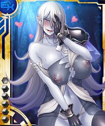 breasts card_(medium) character_request dullahan female fingering huge_breasts large_breasts lilith-soft long_hair looking_at_viewer masturbation naughty_face nipples saliva shiny_skin sian silver_hair solo sweat taimanin_asagi_battle_arena taimanin_asagi_battle_arena_all_card_gallery