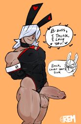 2boys balls big_penis brick_(remiman) brown_skin bunny_ears bunnysuit gay male_only muscular muscular_male penis penis_out remiman strong the_bunny_brothel_(remiman) white_hair yaoi