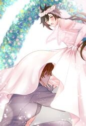 2boys blush genshin_impact holding_another's_leg male multiple_males tartaglia_(genshin_impact) wedding_dress yaoi zhongli_(genshin_impact) ろろん